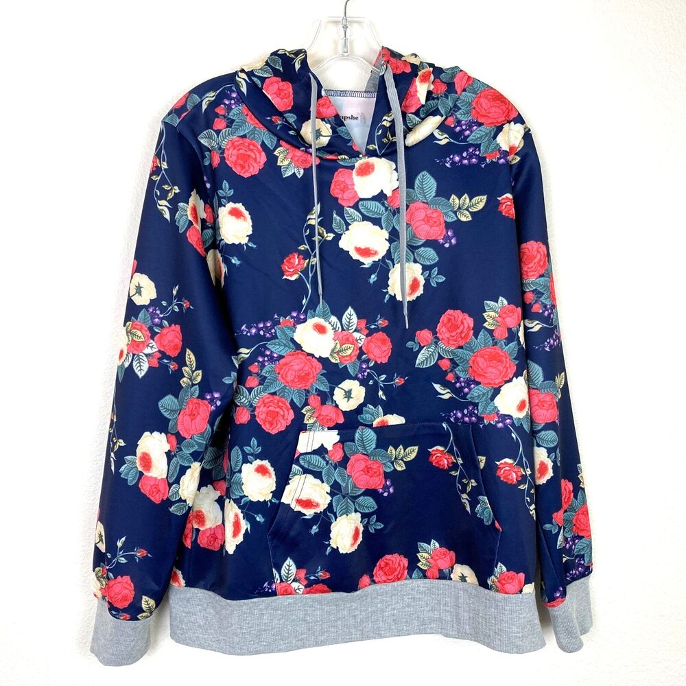 CUPSHE Women's Hoodie Size L Blue Multicolor Floral Pullover Kangaroo Pocket